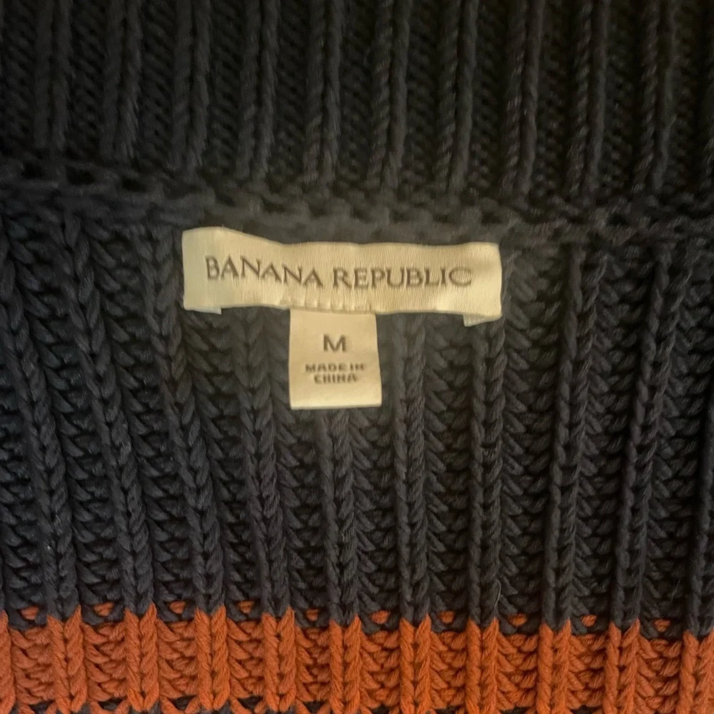 Banana Republic Boatneck Button Shoulder Striped Sweater Navy & Brown Sz Med - Picture 8 of 11